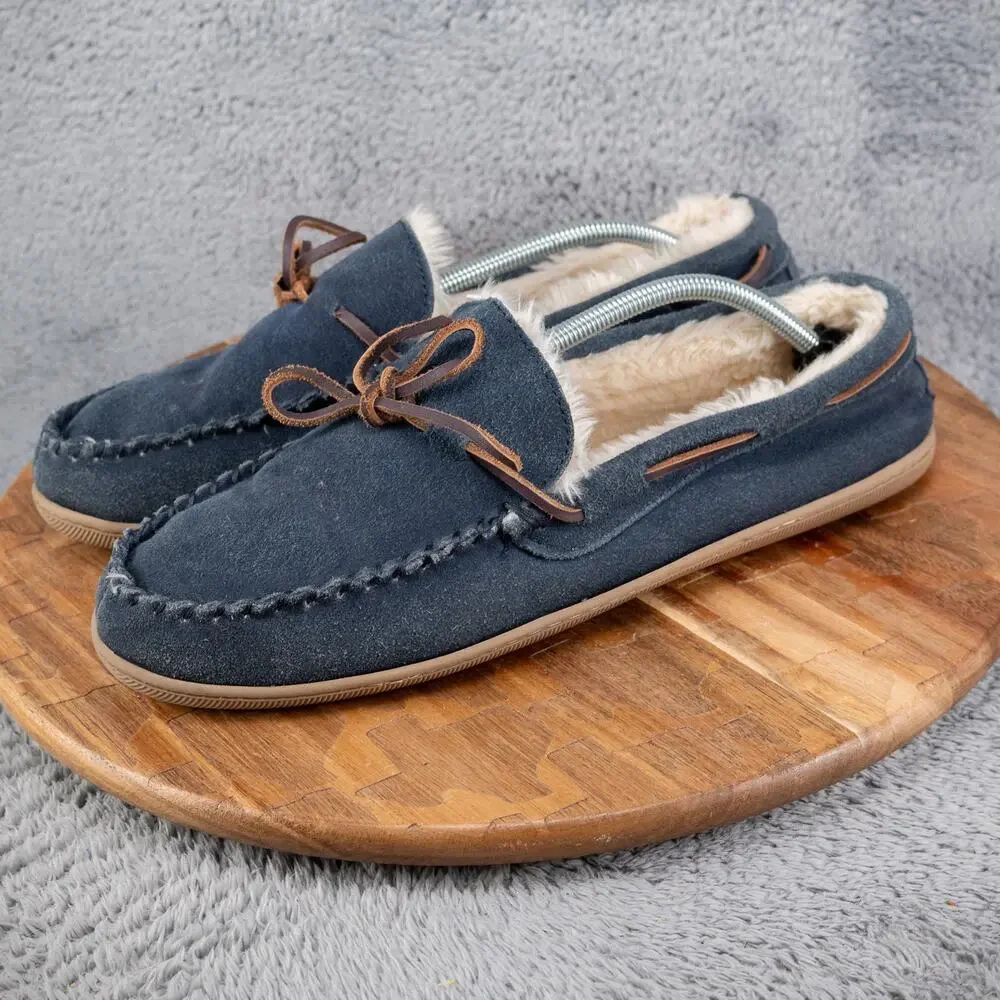 J.Crew Mens Moccasin Slippers‎ Size 12 Navy Blue Faux Fur Lined Comfort Shoes
